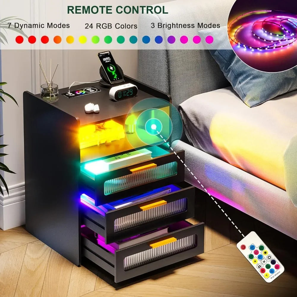 Smart Bedside Table With RGB Color Dynamic LED Light LED Nightstand With Wireless Charging Station and 3 Drawers Bedroom Home