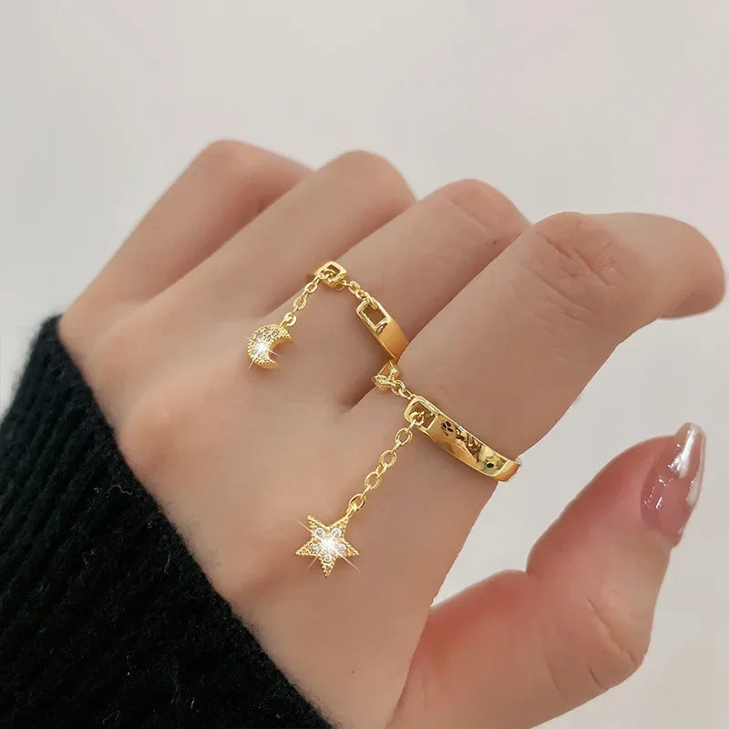 Star Moon Chain Rings for Women Girl Geometric Tassel Adjustable Ring Elegant Accessories Fashion Silver Gold Color Jewelry Gift
