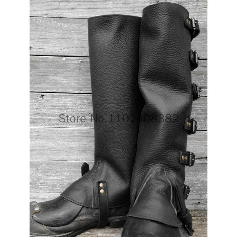 Men Medieval Knight Pirate Leg Armor Steampunk Shoes Boots Cover Hiking Gaiter PU Leather Greaves Half Chaps Cosplay Costume