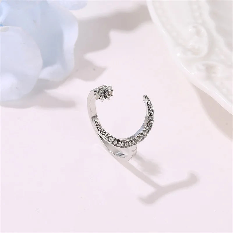 Zircon Moon Star Ring For Women Stainless Steel Silver Color Adjustable Finger Ring Wedding Aesthetic Jewelry Gift Bijoux Femme