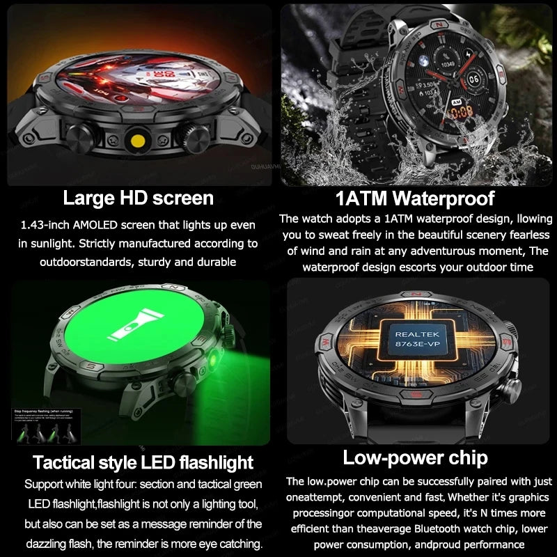 2024New Smart Watch Full Touch AMOLED Screen 450MAH Sport Fitness Altitude Pressure Bluetooth Call LED Lights Compass Smartwatch