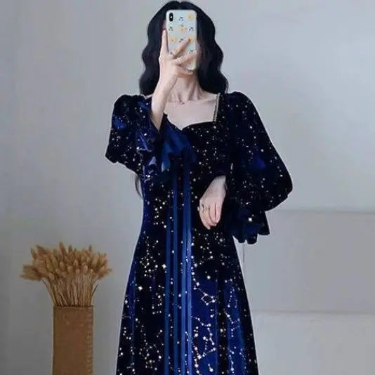 2023 Autumn Winter New In French Vintage Square Collar Sky Stars Printed Velvet Blue Dress Mid length Court Style Elegant Dress