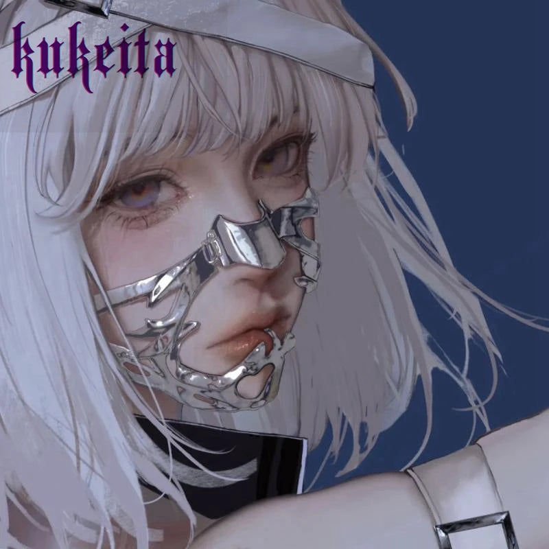 Gothic Mask Cyberpunk Metal Mechanical Mecha Alien Fluid Face Irregular Silver Women Men Cosplay Party Individuation Accessory