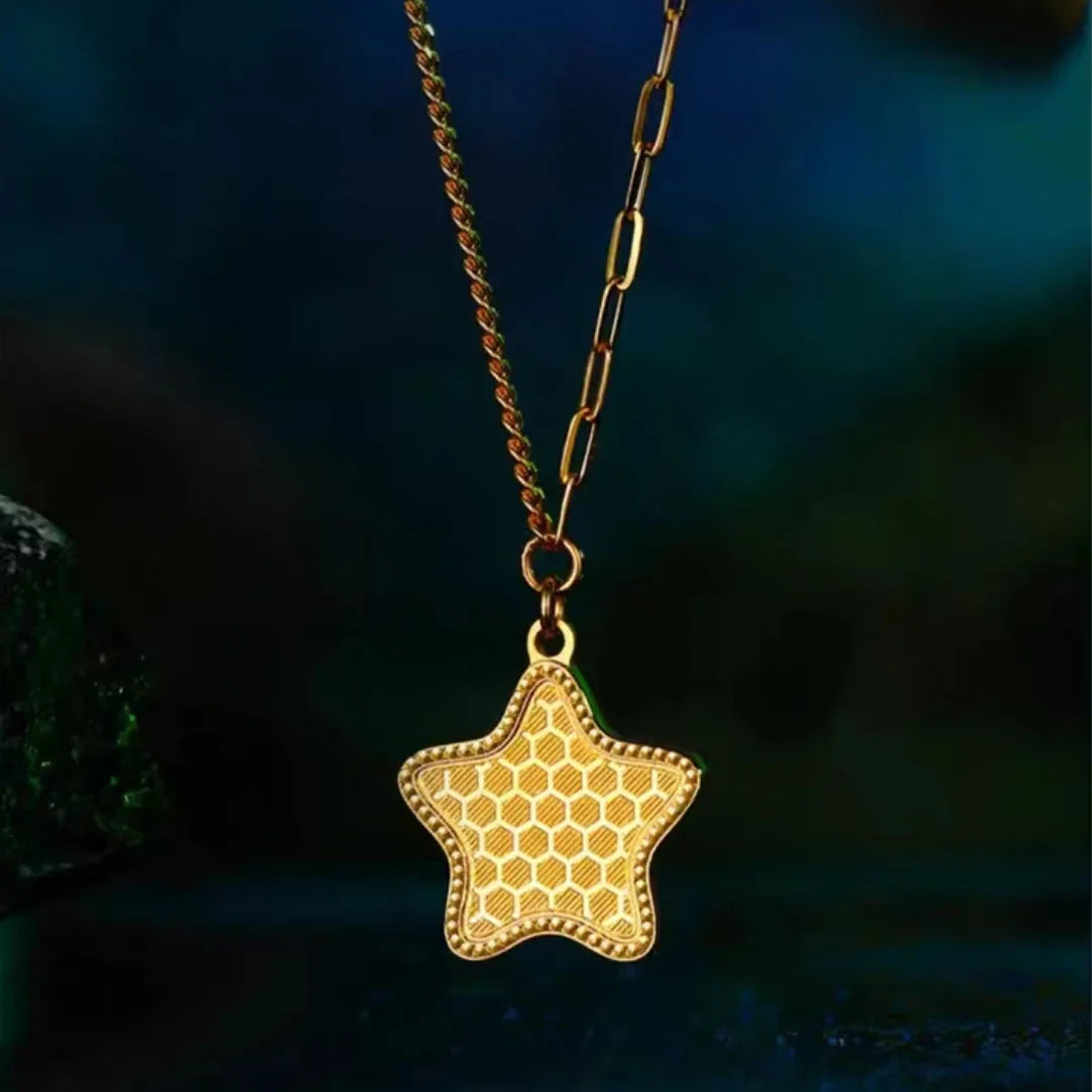 9999 real gold 24K yellow gold Star Yue to You Honeycomb Cut Face Star Necklace