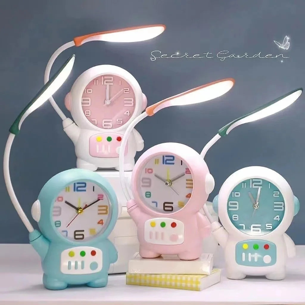 Astronaut Desk Lamp with Glowing Alarm Clock Cartoon Children Kids Reading Night Light Tabletop Clock Home Decorations