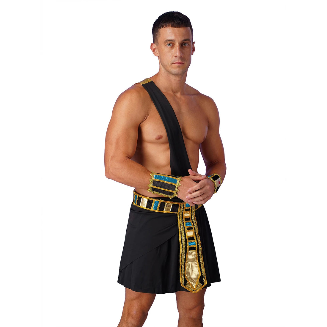 Mens Egyptian Pharaoh King Cosplay Costume One Shoulder Skirt with Belt Cuffs for Halloween Theme Party Ancient Egypt Role Play