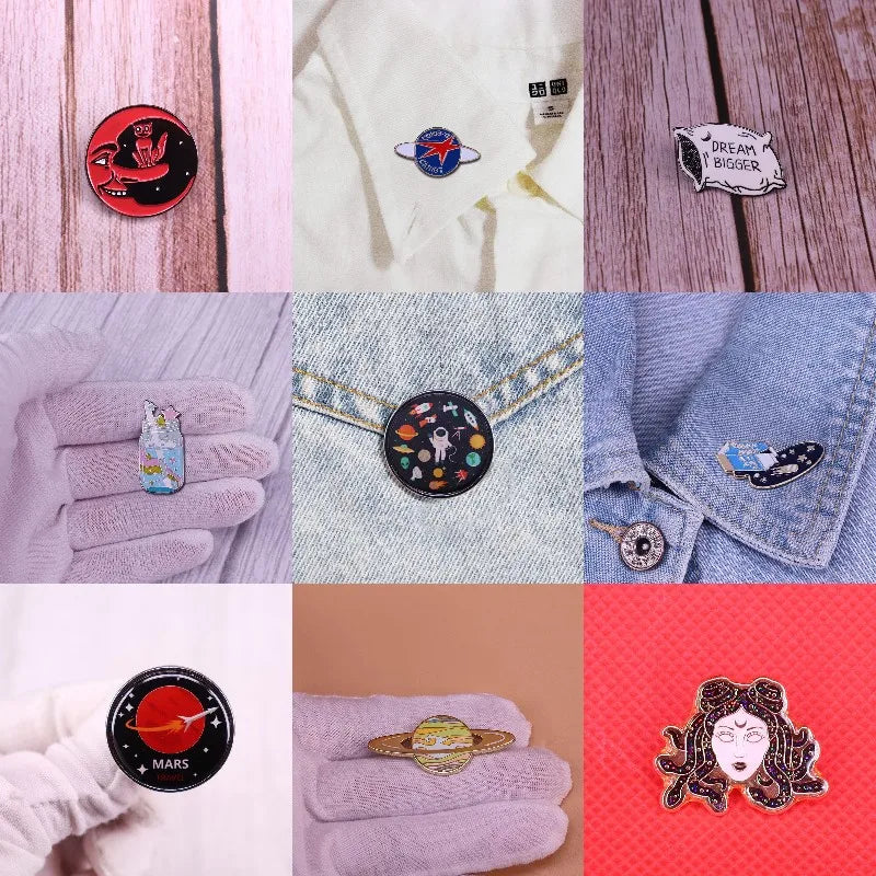 Hard Enamel Pins Planet Space Universe Brooch Pillow Star Cup Planet Moon Snake Hair Cartoon Backpack Hat Lapel Badges Wholesale
