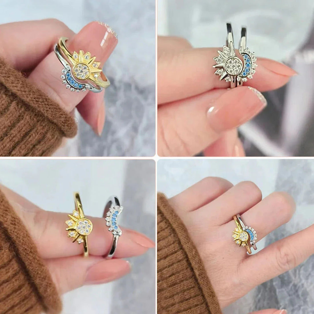 2023 New Summer Women Fashion Sun Moon Star Ring Elegant Temperament Sparkling Finger Ring Party Jewelry Accessories Gift