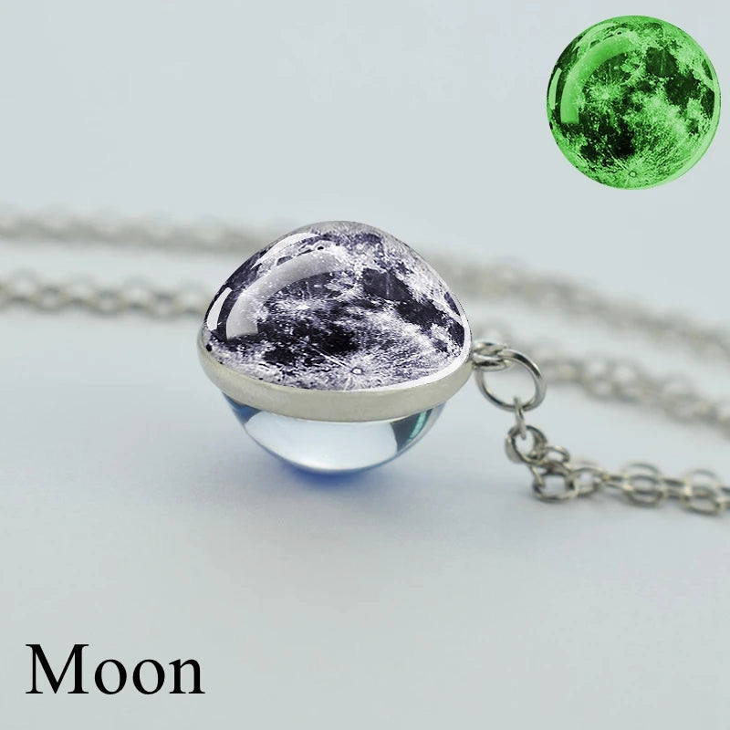 Glow In The Dark Solar System Planet Necklace Galaxy Nebula Space Necklace Moon Earth Sun Mars Picture Glass Ball Pendant