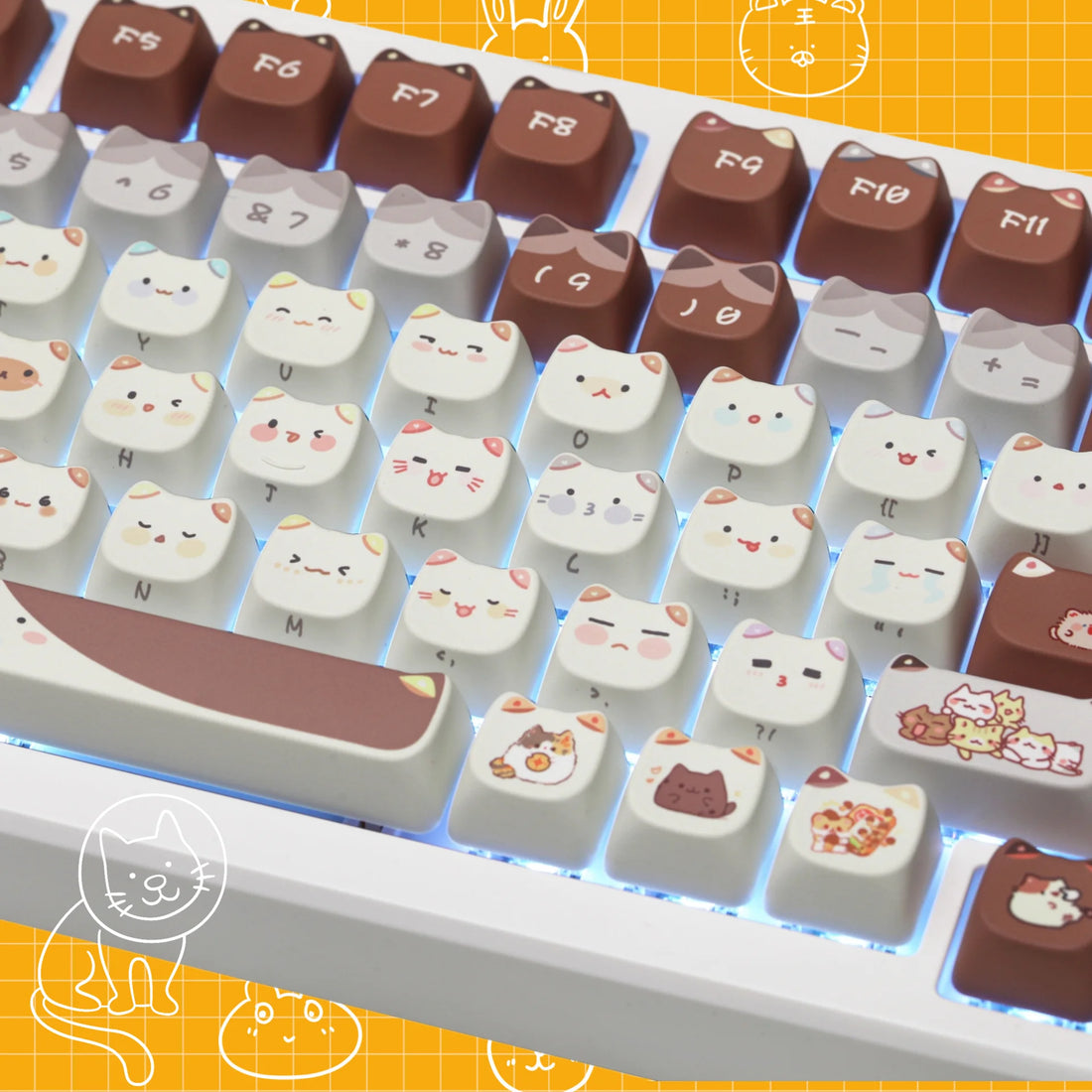 Cute Meow Keycaps Cat Head MAO Profile PBT Square Key Cap Thermal Sublimation Mechanical Keyboard Keycap Cat Set For Girls Gift