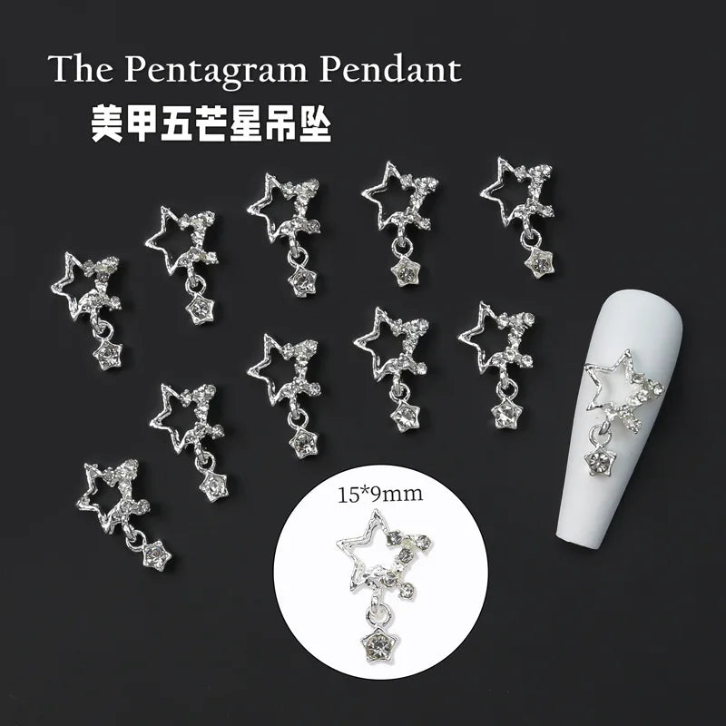 10pcs Pentagram Star Nail Art Charm Shiny Heart Saturn Planet Rhinestones 3D Nail Decoration Glitter Nail Manicure Accessories
