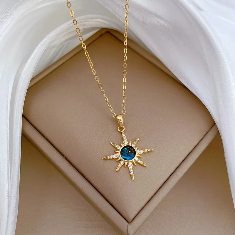 Gorgeous Vintage Sun Planet Copper Inlaid Zirconia Pendant Fashion Boho Style Stainless Steel Chain Women's Fine Jewelry Gift