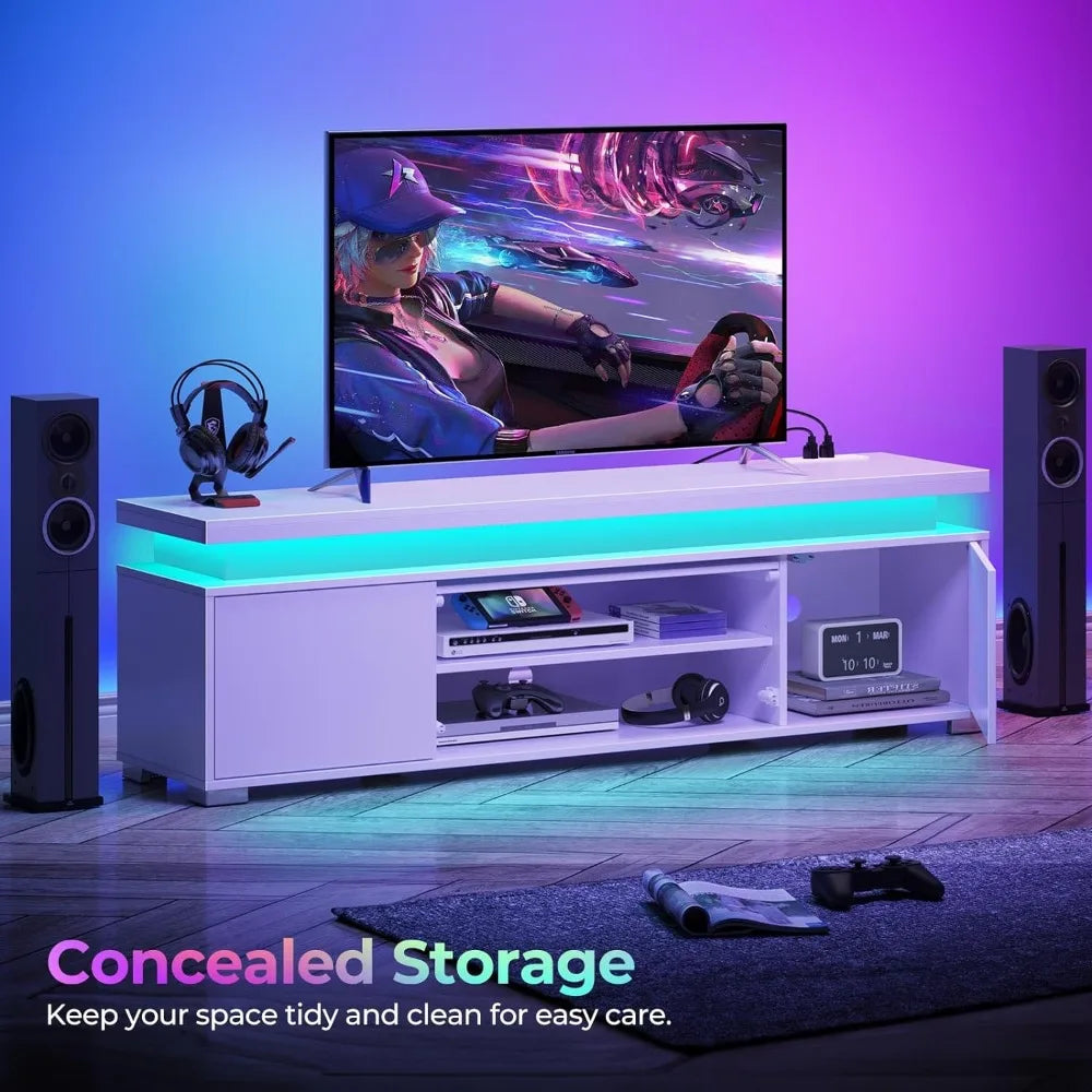 TV Stand With LED Lights & Power Outlet Furniture Universal Gaming Media Stand Storage Cabinet and Large Storage Table White