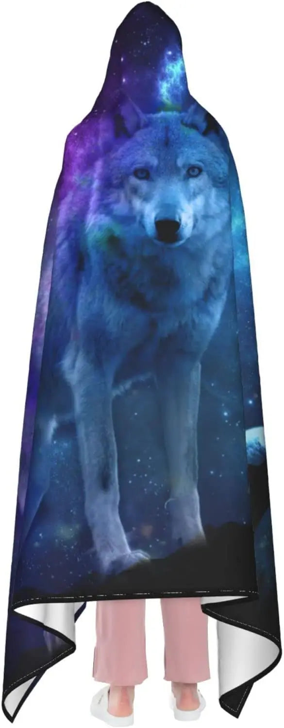 Galaxy Wolf Hooded Blanket Anti-Pilling Flannel Wearable Blanket Hoodie-Plush Warm Blanket Throw Blankets for Kids Adults Teens