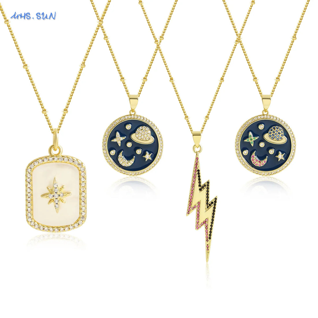 MHS.SUN Colorful Oil Drop Moon Star Lightning Pendant Necklace For Women Child Romantic Gold Color Clavicle Chain Jewelry Gift