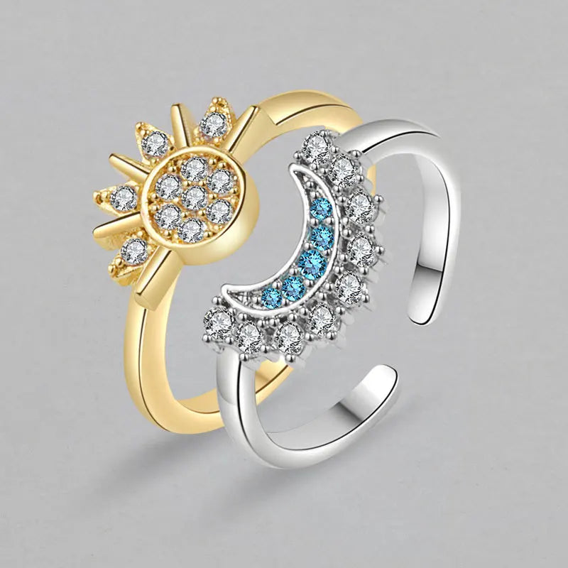 2pc/set Summer Couple Ring Set Sky Blue Sparkling Moon and Sun Ring 2024 New Women's Stackable Finger Set Engagement Jewelry