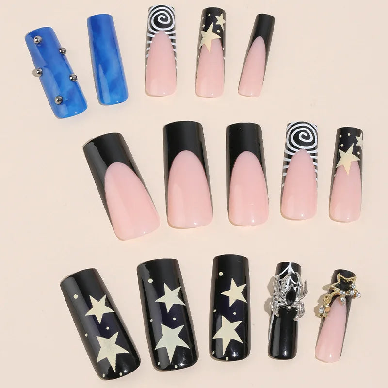 24pcs Classic French false nails Ins Gradient Ballerina artificial nails with Star Small Diamonds fake nails y2k Press on nails