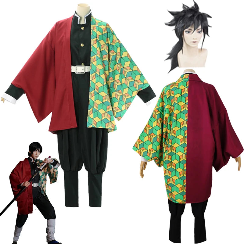 Anime Demon Slayer Cosplay Costume Kimetsu No Yaiba Kimono Uniform Tomioka Giyuu Cloak Suit Wig Child Adult Party Halloween Gift