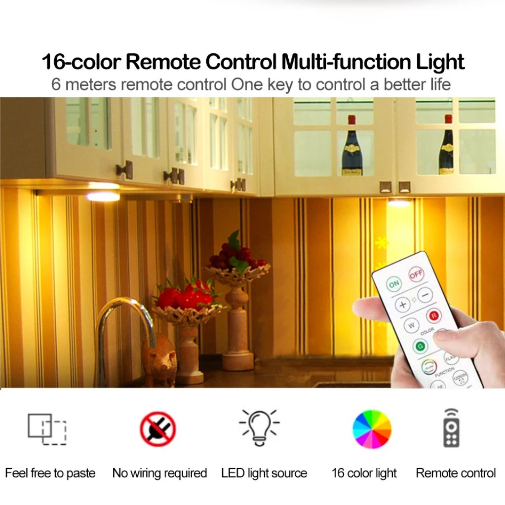 16 Colors Under Cabinet Light Dimmable LED Round Night Lights Portable Cabinet Kitchen Closet Lamps With Remote & Touch Control