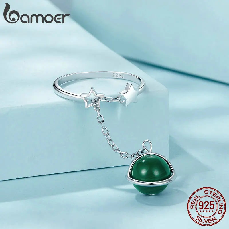 BAMOER 925 Sterling Silver Natural Malachite Chain Double Layer Ring Double Stars Adjustable Ring for Women Fine Jewelry SCR1034