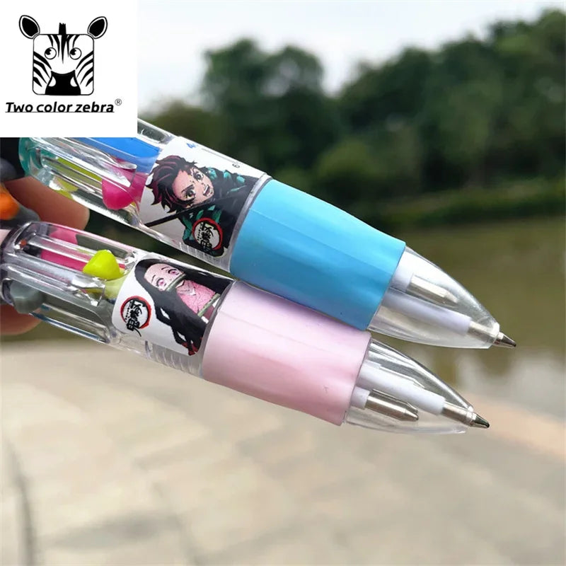 4 Colors Demon Slayer Kamado Tanjirou Nezuko Surrounding Cartoon Mini Ballpoint Pen Student Write Stationery Colour Pencil