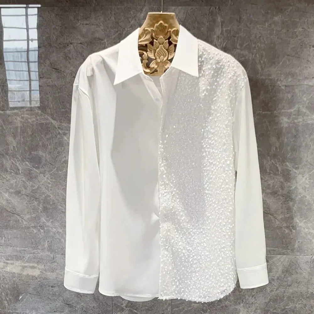 Men's Long Sleeve Shirt Fashion Nightclub Party Sequin Shirt Trend LGBT Stitching Button Shirt Unisex Lapel Solid Color Blouse