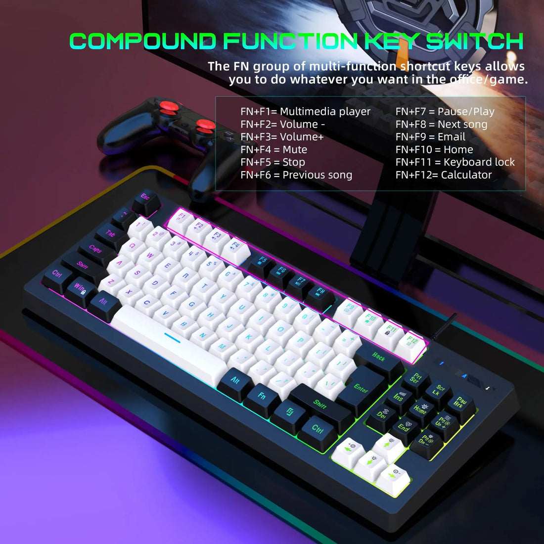 2024 G69 USB Wired Gaming Keyboard Mechanical Feel RGB Light Backlit 87 Key Keyboards Computer Accessories for Office Home