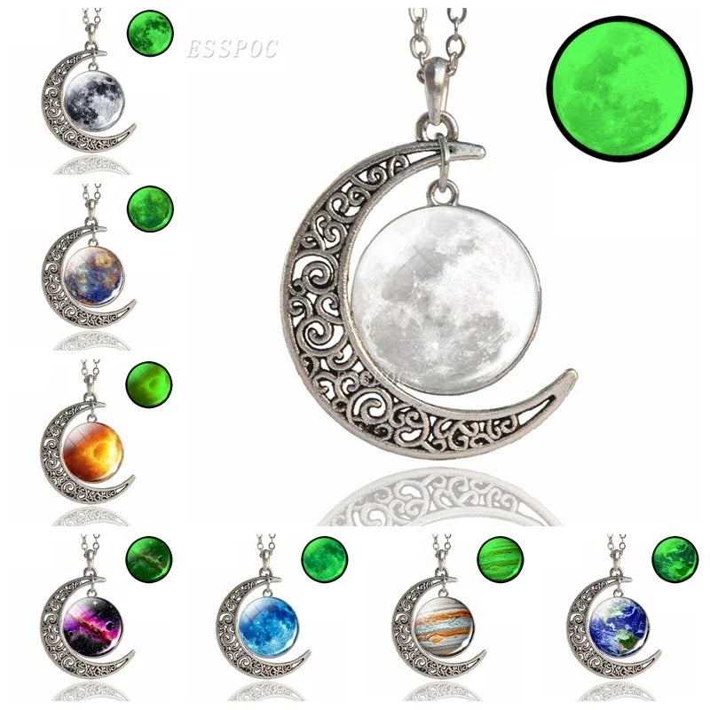 Art Moon Picture Glass Cabochon Crescent Moon Necklace Solar System Planet Space Galaxy Necklace Women Jewelry Dropshipping