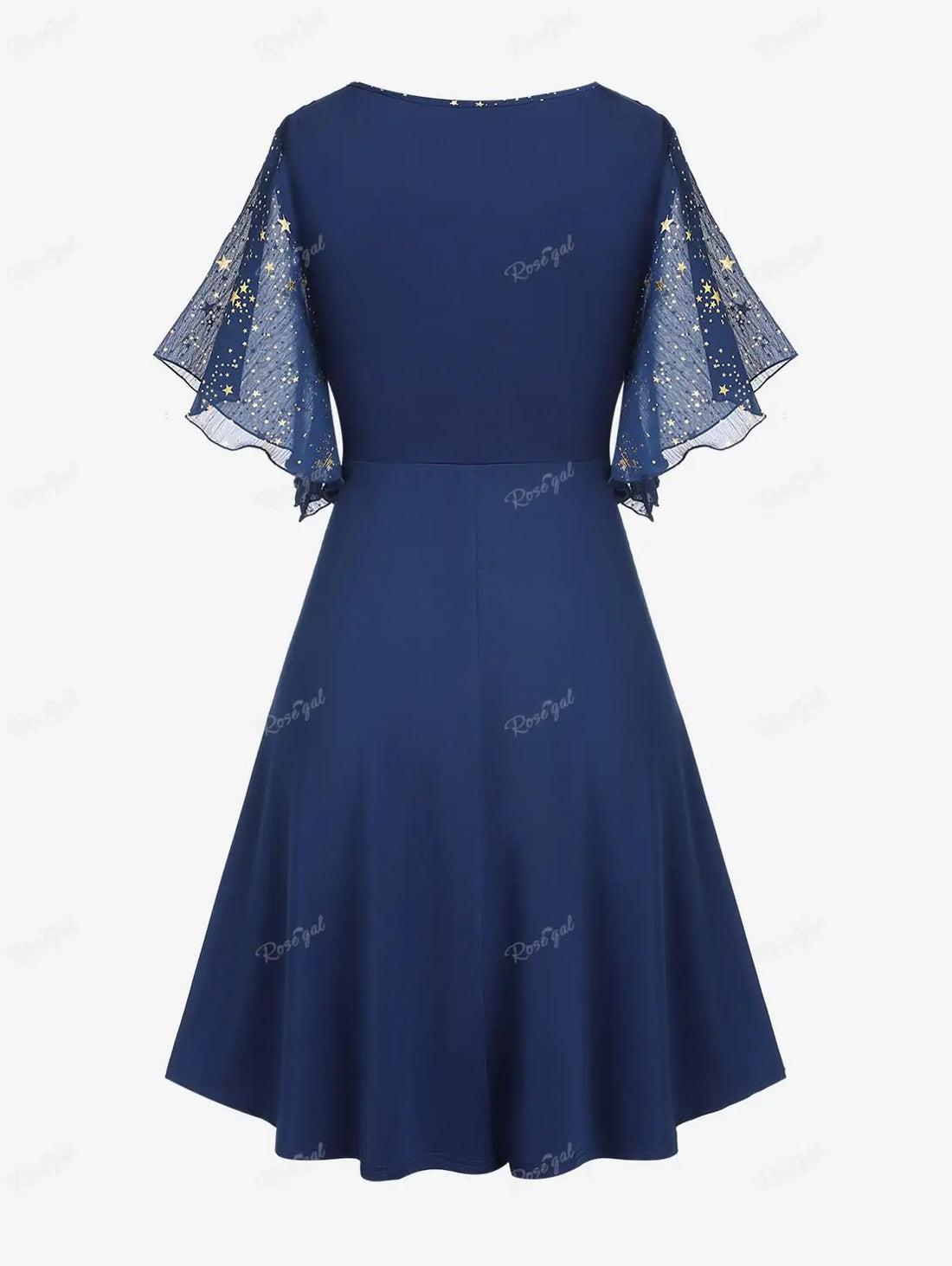 ROSEGAL Plus Size Stars Print Buckle Button Pockets Ruched Butterfly Sleeves Dress Deep Blue Women Casual Square Collar Dresses