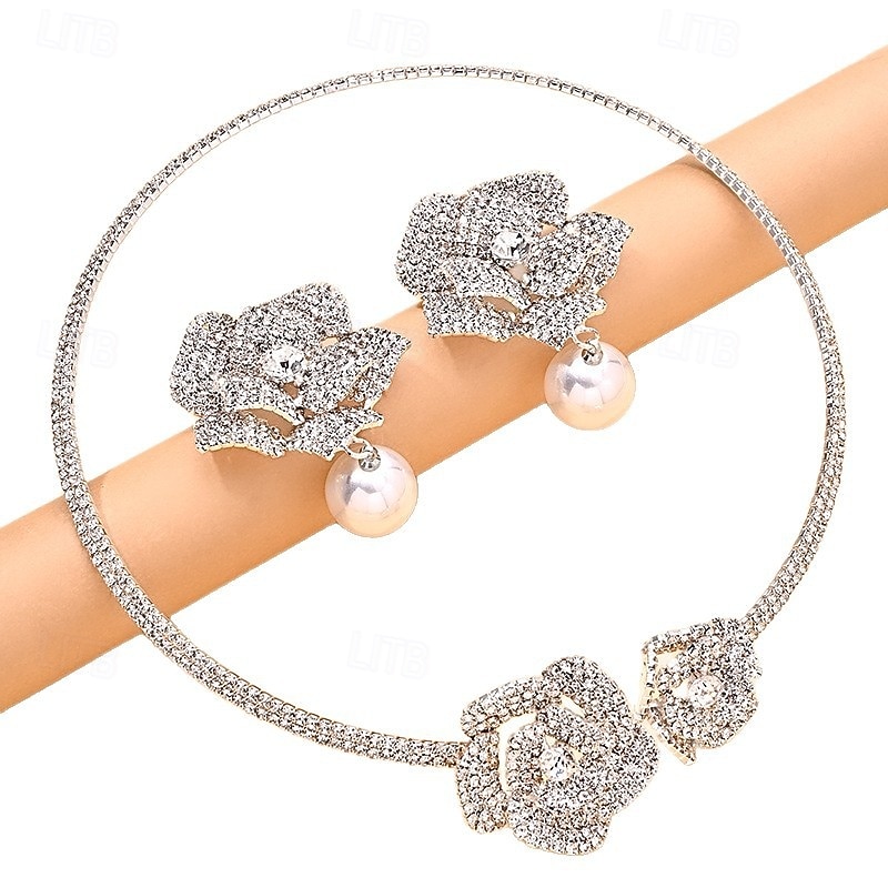 LtJ62810002_1 Earrings Set Two-piece Suit Rhinestone Pearl Earrings Necklace Women's Elegant Unique Design Floral Jewelry Set For Party Wedding - Image 1