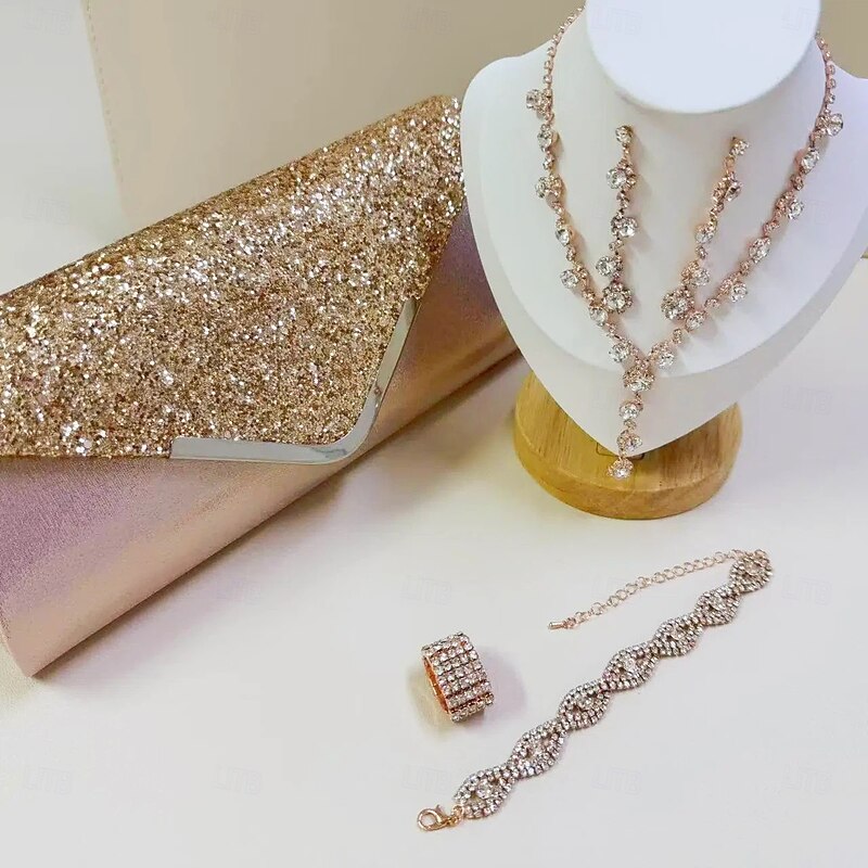 LtJ62810003_1 Jewelry Set 5pcs Rhinestone Chrome 1 Necklace 1 Bracelet 1 Ring Bag Earrings Women's Fashion Round Jewelry Set For Party - Image 1