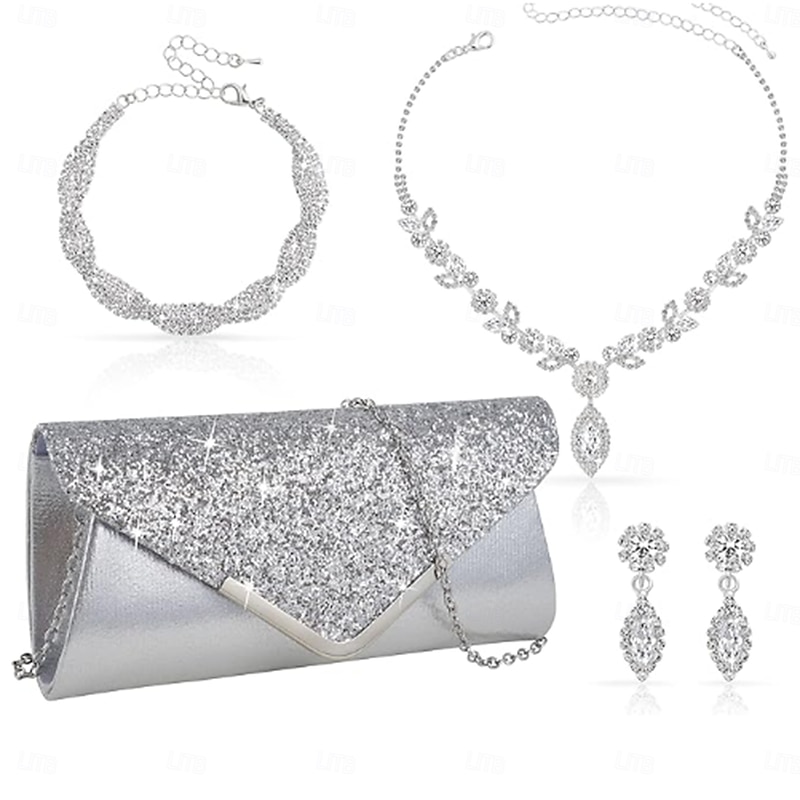 LtJ62810004_Silver Jewelry Set Four-piece Suit Rhinestone Chrome 1 Bracelet Bag Earrings Necklace Women's Fashion Jewelry Set For Party Wedding - Image 1