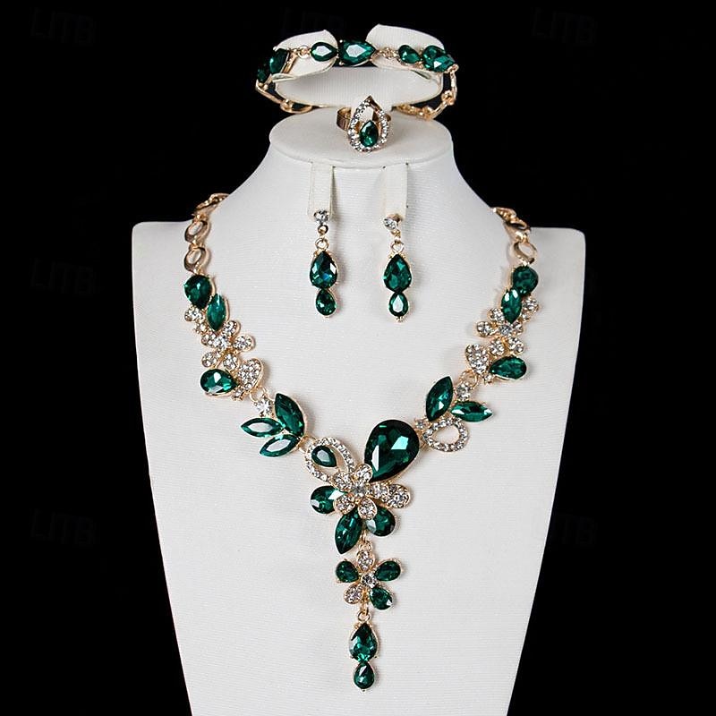 LtJ62810005_detail_3 Jewelry Set 4pcs Glass Alloy Rings Earrings Necklace Bracelets Women's Elegant Vintage Stylish Geometrical Geometric Jewelry Set For Wedding Party Wedding Guest - Image 1