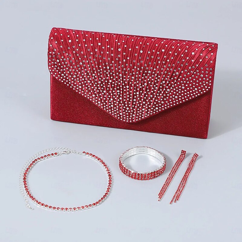 LtJ62810008_Burgundy Jewelry Set Four-piece Suit Chrome 1 Bracelet Bag Earrings Necklace Women's Fashion Jewelry Set For Party Wedding - Image 1