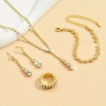 Jewelry Set 5pcs Rhinestone Chrome Rings 1 Bracelet Bag Earrings Necklace Women's Fashion Round Jewelry Set For Wedding