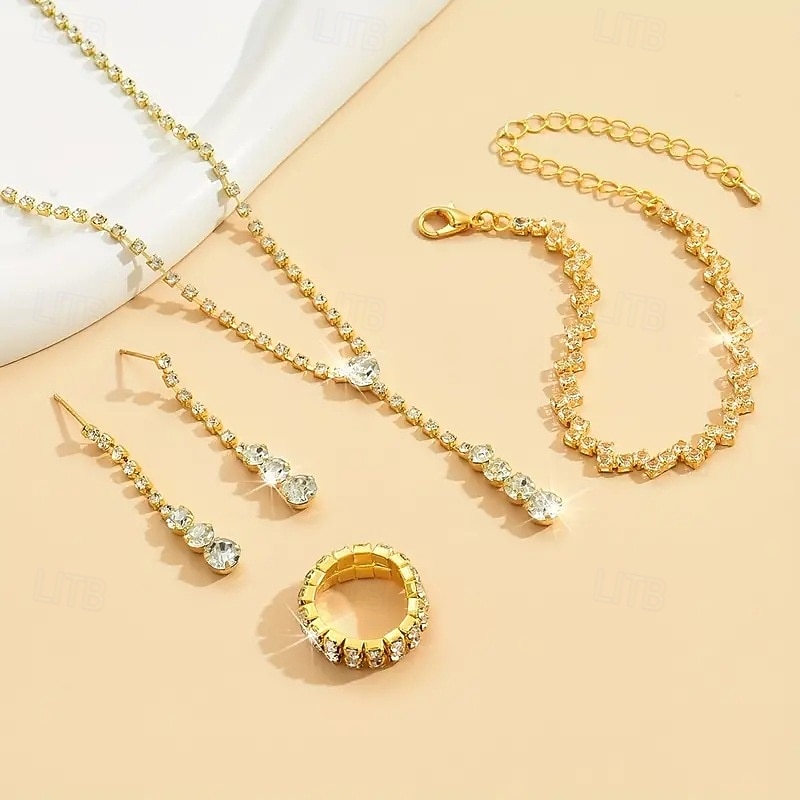 LtJ62810014_3 Jewelry Set 5pcs Rhinestone Chrome Rings 1 Bracelet Bag Earrings Necklace Women's Fashion Round Jewelry Set For Wedding - Image 1
