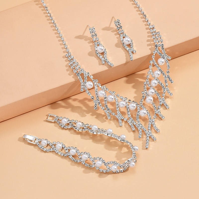 LtJ62810022_2 Bridal Jewelry Sets 1 set Imitation Pearl Imitation Diamond 1 Necklace 1 Bracelet Earrings Women's Elegant European Tassel Fringe Jewelry Set For Wedding Anniversary Party Evening - Image 1