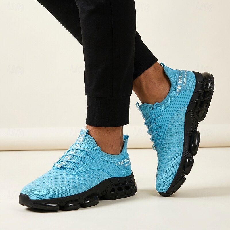 LtN62810005_3 Men's Blue Knit Running Sneakers, Breathable Lace-Up Athletic Shoes, Chunky Cushion Sole Sport Shoes for Gym, Training, Outdoor Walking - Image 1