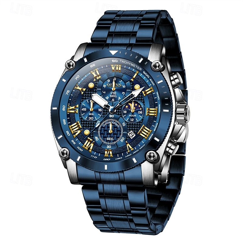 LtT62810001_Blue The New Olevs Men'S Steel Band Business Watch Moon Phase Luminous Calendar Chronograph 24-Hour Indication Quartz Watch Is A Fashionable Casual And Versatile Waterproof Sports Wristwatch - Image 1