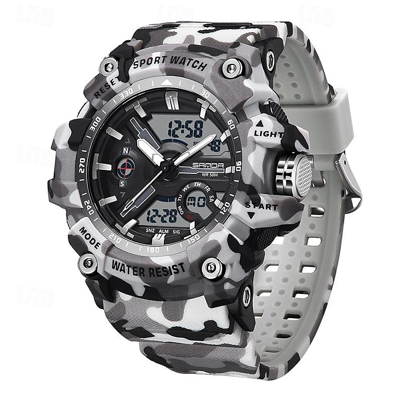 LtT62810009_Silver+Gray SANDA Men Digital Watch Outdoor Sports Fashion Casual Luminous Stopwatch Alarm Clock Waterproof TPU Watch - Image 1